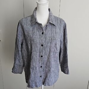 Valerie Stevens Womans 100% Linen Heathered Gray Casual Shirt